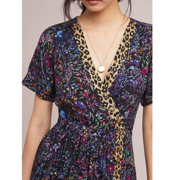 Anthropologie Maeve Floral Leopard Dress Faux Wrap Morgan Midi Size 0 - Picture 2 of 9